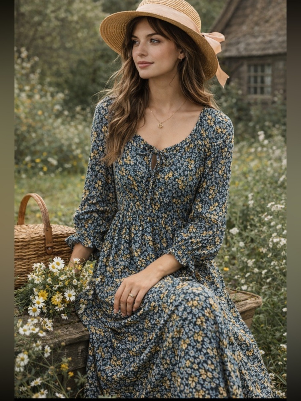 Primark - calico print maxi dress - country, gathered, bow - size 12